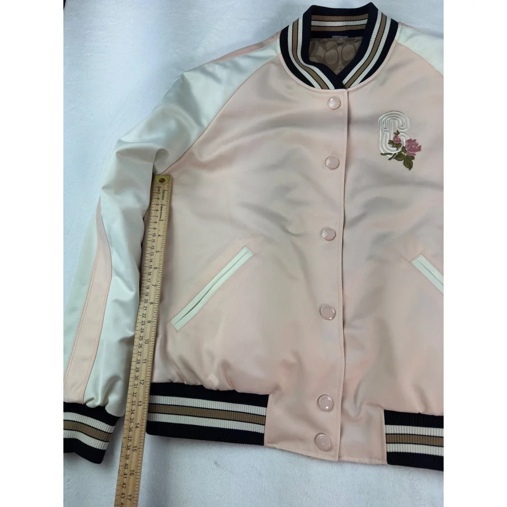 Coach Pink Varsity Jacket Floral Embroidered Bomber Monogram Reversible SZ Large